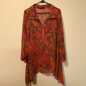 Zac‎ & Rachel plus size 3X coral pink printed sheer half button shark hem tunic